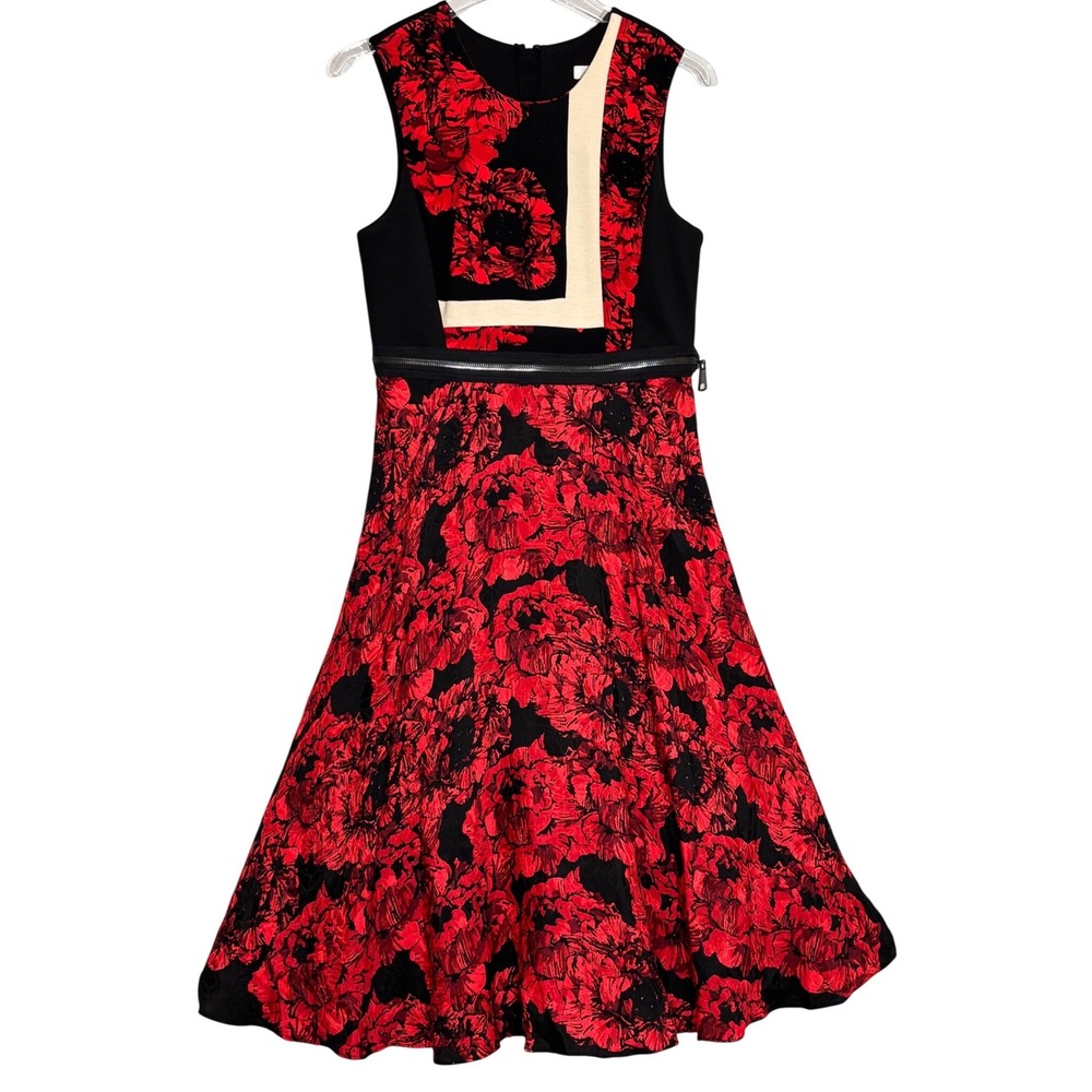 Tracy Reese Red Black Floral Jacquard Zip Waist Fit Flare Dress Womens 6